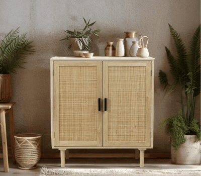 Storage Cabinet with Rattan Decorated Doors