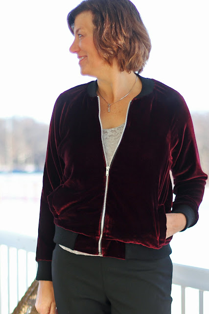 Mood Fabrics' Rayon Silk Velvet bomber jacket using McCall's 7100