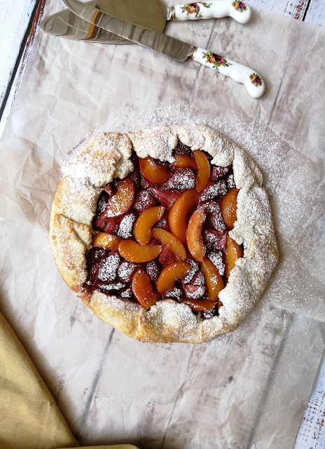 Strawberry and Peach Rustic Galette, food flatlay, flatlay, strawberry galette, peach galette, galette, galette recipe, fruit, strawberries, peaches, dessert, pie, tart, food, food photography, food blogger, food blog, food pictures, food recipe, dessert recipe, pastry, food stylist, spicy fusion kitchen, sweet, fruit tart, fruit galette, fruit pie, rustic galette