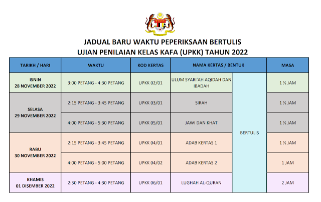 Jadual baru Peperiksaan Bertulis UPKK 2022