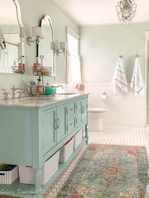 Master Bathroom with pedestal tub and Sherwin William Sea Salt paint - www.goldenboysandme.com