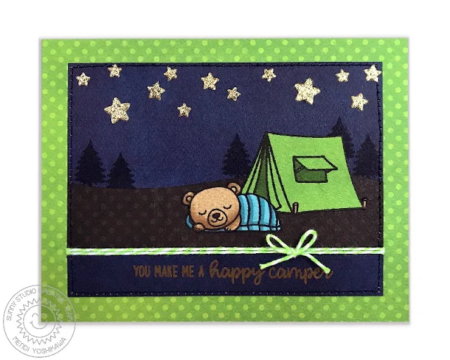 Sunny Studio: You Make Me A Happy Camper Paper-Pieced Critter Campout card by Mendi Yoshikawa