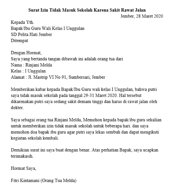 Contoh Surat Izin Tidak Masuk Sekolah yang Benar (via: 99.co)