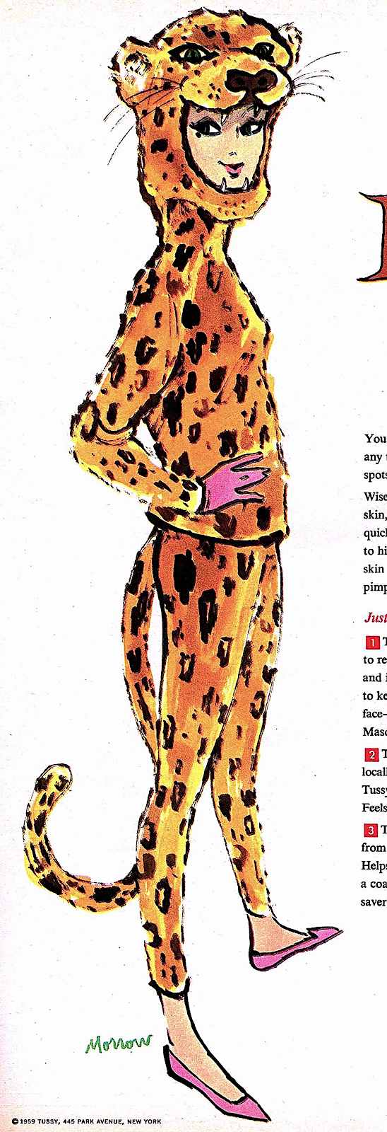 a 1959 leopard cat costume woman illustration by Morrow