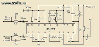 на рисунке изображена простая  Схема стереофонического передатчика на BA1404 с минимальным использованием деталей