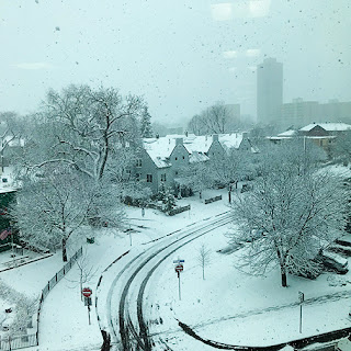 View of a winter day from the fourth floor lounge of Hanson Hall.