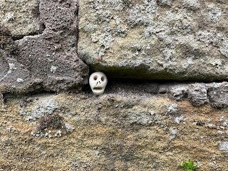 A further close-up photo of a small ceramic skull (Skulferatu #109) in a gap between the stones in the wall that sits around the memorial to the Battle of Roslin.  Photo by Kevin Nosferatu for the Skulferatu Project.