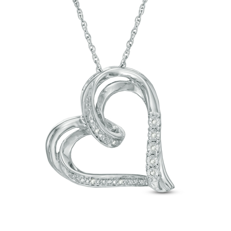 Zales Diamond Accent Tilted Ribbon Heart Pendant in Sterling Silver ...