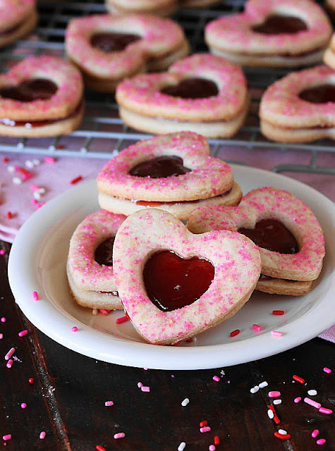 Plate of Heart-Shaped Valentine Raspberry Sandwich Cookies Image