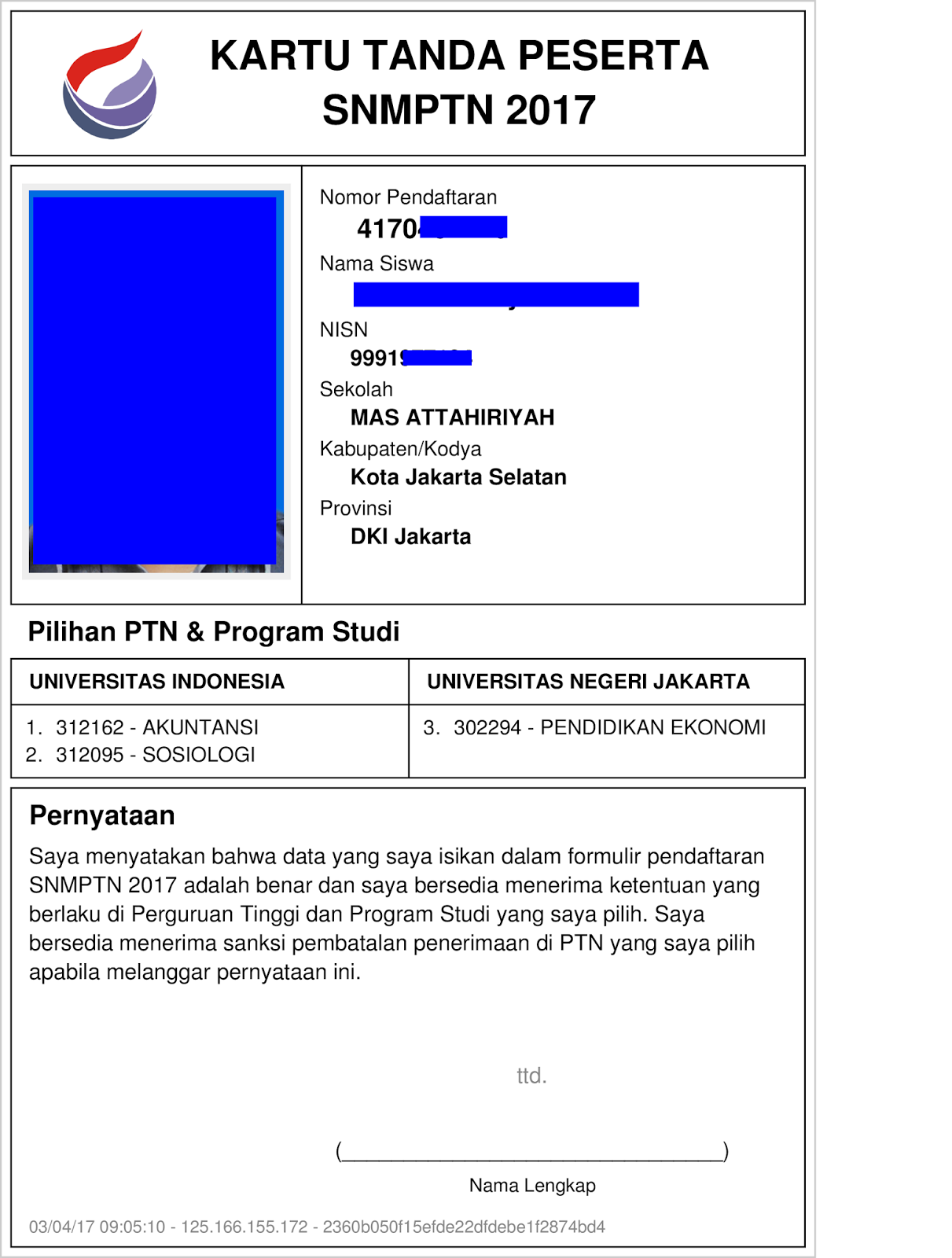 Penampakan Kartu Tanda Peserta SNMPTN tahun 2017