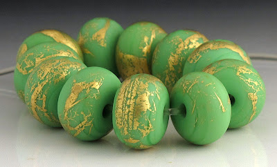 Mosaic green etched lampwork glass beads