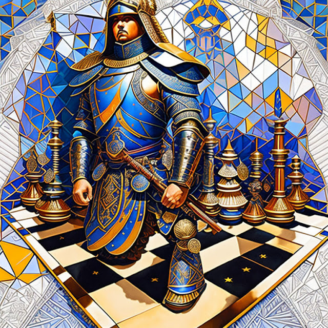 Geometric painting of a warrior Kneeling in a defensive stance on a chessboard in cool blue colors.