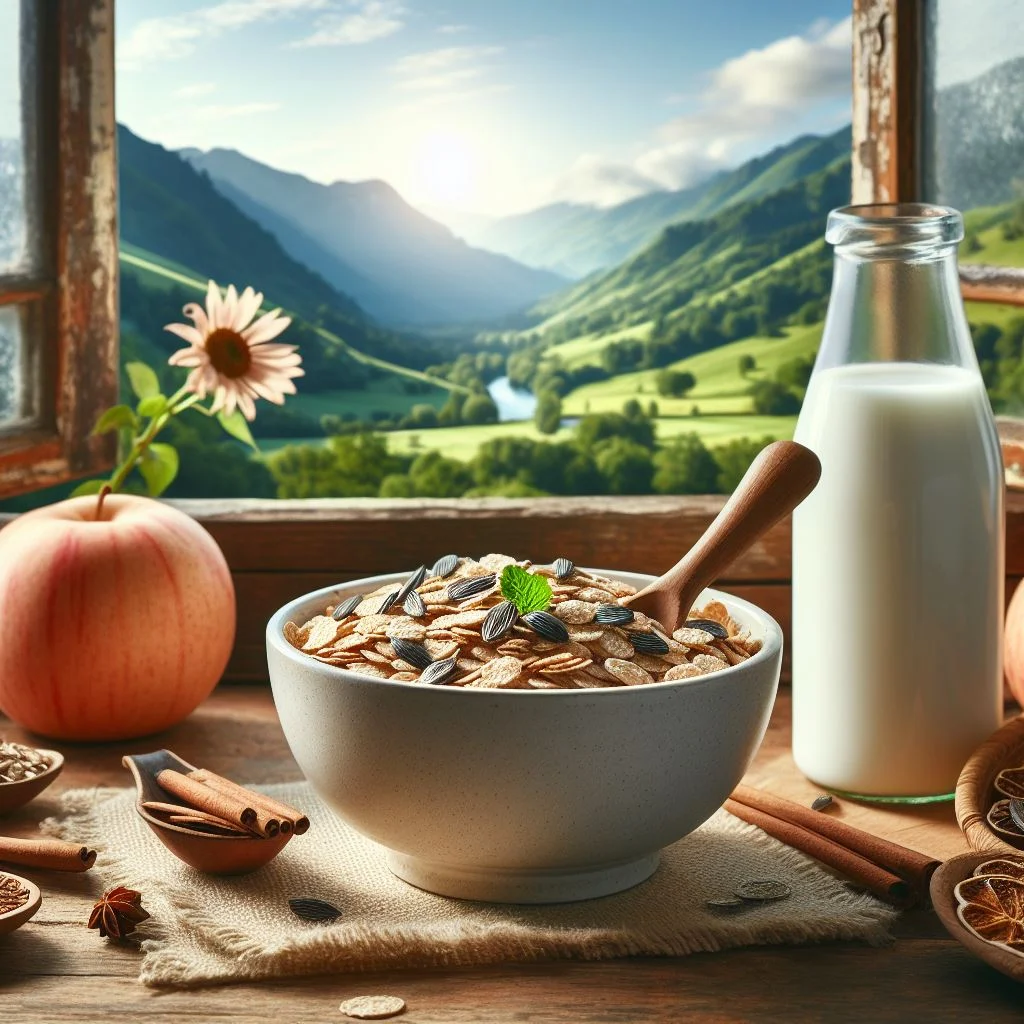 plato de cereal con semillas frente a una ventana con vista al campo