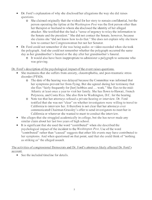 Page 5 of the memo from Rachel Mitchell, regarding Christine Ford's allegations against Brett Kavanaugh.