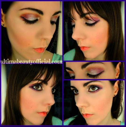 Collage of five pictures of Ultima Beauty wearing silver and pink eyeshadow from Too Faced Chocolate Gold Palette