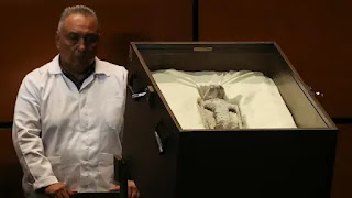 An alleged alien corpse displayed during a briefing on UFOs at the San Lazaro Legislative Palace in Mexico City Sept. 12, 2023. (REUTERS/Henry Romero)