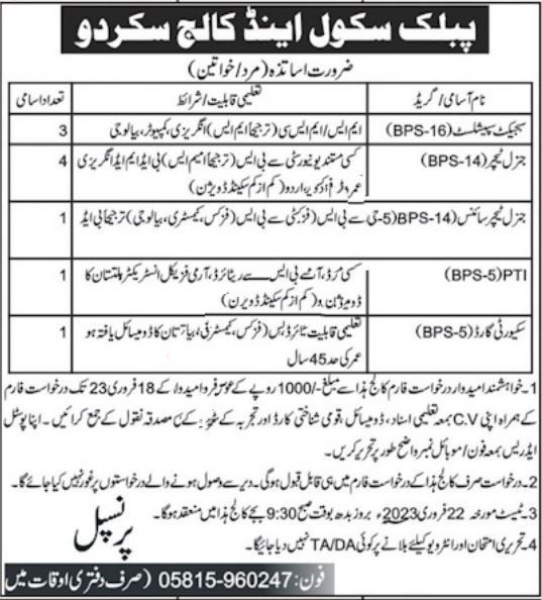 Jobs Available at Public School and College Skardu | Pak jobs
