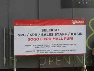 Lowongan Kerja SPG SPB Sales Kasir SOGO LIPPO MALL PURI