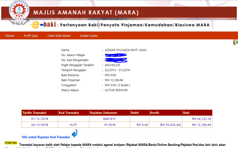Kadar Bayaran Balik Pinjaman Mara 2020