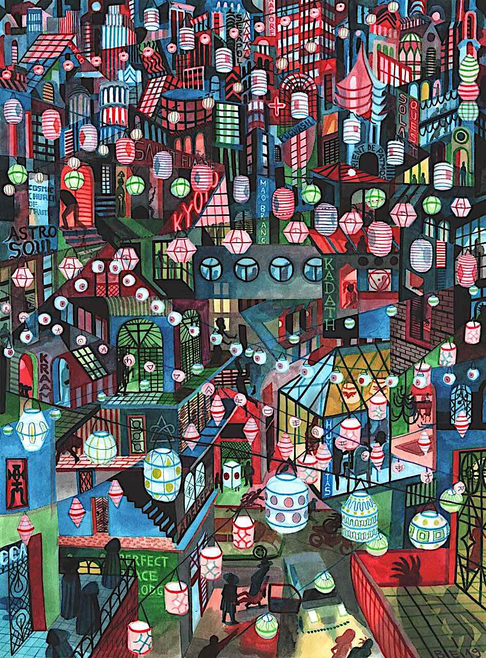 Brecht Evens art, urban lanterns