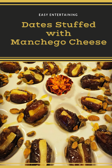 Easy and Quick Appetizer that is perfect for fall with Dates and Manchego Cheesetopped with Pistachios and Honey. #Entertaining #Appetizers #ManchegoCheese