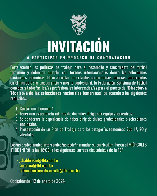 La Federación Boliviana de Fútbol reliaza la invitación al proceso de contratación del DT de las Selecciones Nacionales Femenimas.