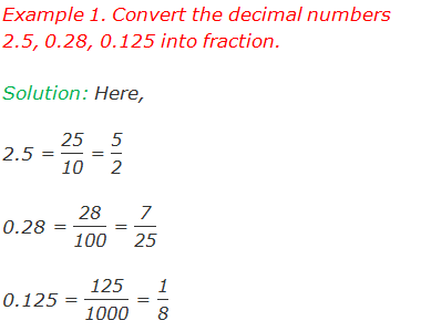 Example 1. Convert the decimal numbers 2.5, 0.28, 0.125 into fraction.  Solution: Here, 2.5 = "25" /"10"  = "5" /"2"  0.28 = "28" /"100"  = "7" /"25"  0.125 = "125" /"1000"  = "1" /"8"