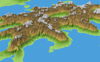 Great Caldera, Calidar, 3D view of eroded height map, Stereographic Projection