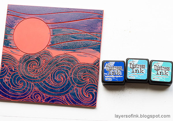 Layers of ink - Seascape Journal Page by Anna-Karin Evaldsson. Simon Says Stamp Beachy Waves stamp.