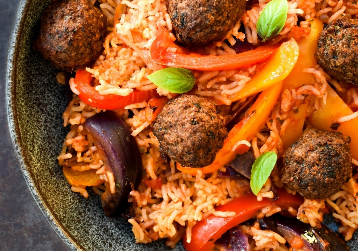 close up of meatball rice bake,