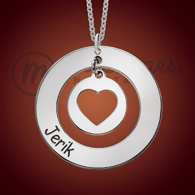 messages in metal silver open heart round name necklace