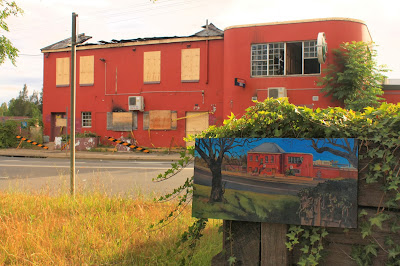 plein air oil painting of the abandoned hotel "Jolly Frog" in Windsor by artist Jane Bennett