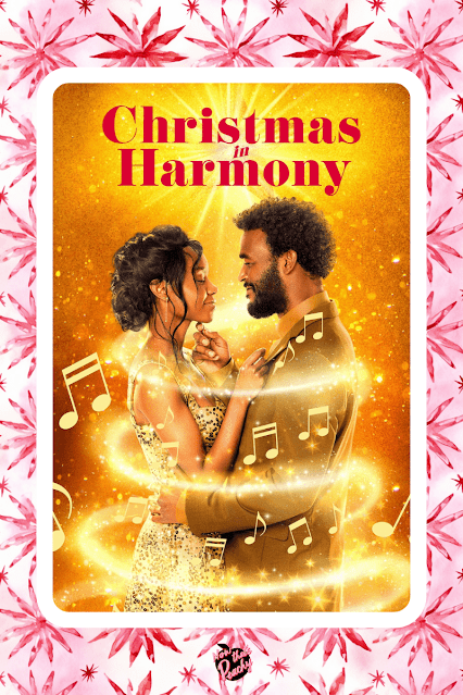 'A Christmas Harmony' movie cover, A Girl's Guide to Best Christmas Rom-Com Banner love romance in pink red and white Holiday Christmas theme pattern