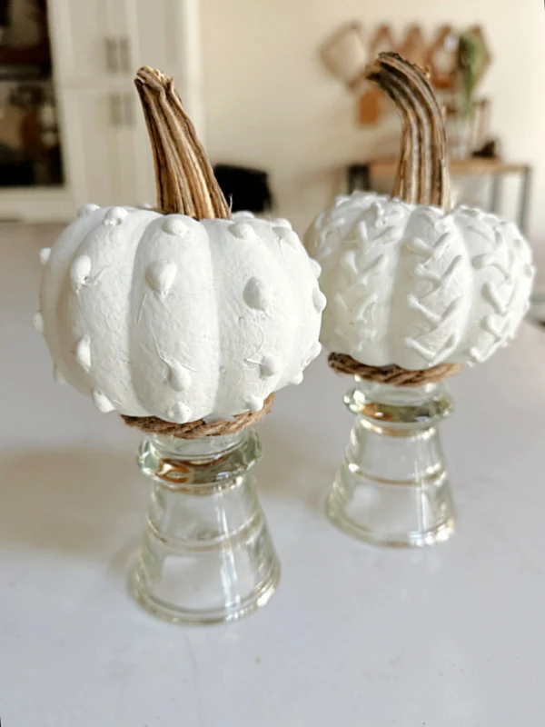 white pumpkins with hot glue and real stems