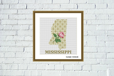 Mississippi map cross stitch pattern floral ornament embroidery - Tango Stitch