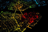 Nighttime image of New York City, with the red showing a large population density. “The adoption potential of electric vehicles is remarkably similar across cities, from dense urban areas like New York, to sprawling cities like Houston. This goes against the view that electric vehicles — at least affordable ones, which have limited range — only really work in dense urban centers,” says Jessika Trancik, the Atlantic Richfield Career Development Associate Professor in Energy Studies at MIT’s Institute for Data, Systems, and Society (IDSS). (Image Credit: Flickr user Doc Searles/CC by 2.0 (edited by the researchers)] Click to Enlarge.