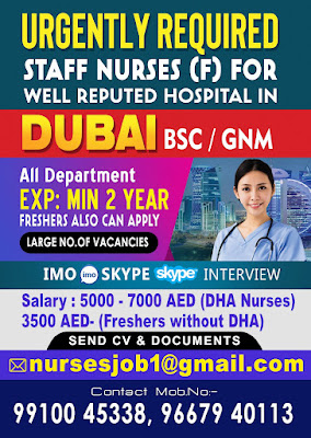 Urgently Required Staff Nurses (F) for well reputed Hospital In Dubai