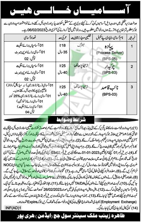 Civil Court Haripur Jobs 2023 For BPS-05 & BPS-03 Latest