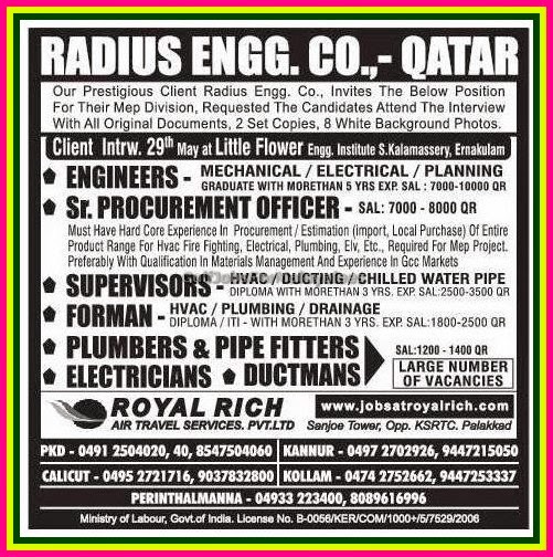 Radius Engg. Co Qatar Job Opportunities