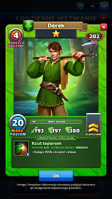 DEREK - Bohater NATURALNY - zielony - MAX - info karta - Empires & Puzzles