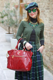 Green and blue tartans, Asos midi skirt, Prada red tote, tartan hat, Fashion and Cookies, fashion blogger