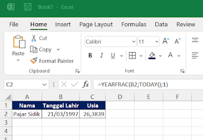 contoh rumus umur excel