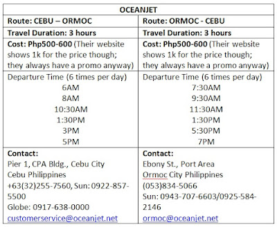 Oceanjet Cebu Ormoc schedule cost fare duration