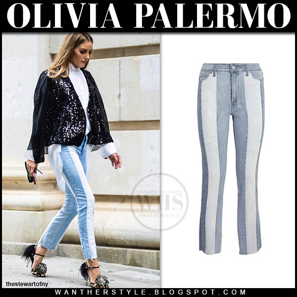Olivia Palermo in black sequin jacket, striped jeans and feather shoes