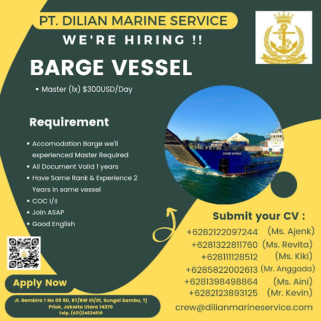 Lowongan Pelaut Master, C/E, C/O, AB, Oiler AHTS Barge Vessel