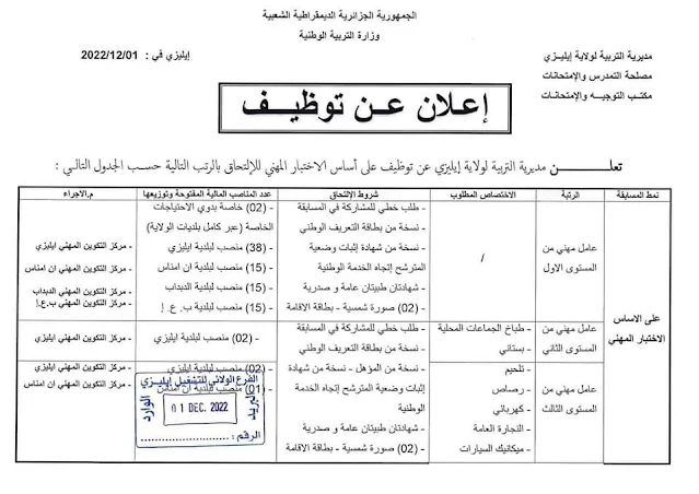 اعلان توظيف بمديرية التربية لولاية ايليزي