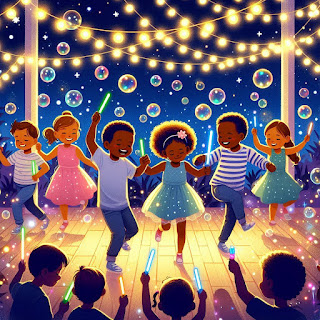 Kids dancing joyfully with bubbles and lights at the end of a birthday party.