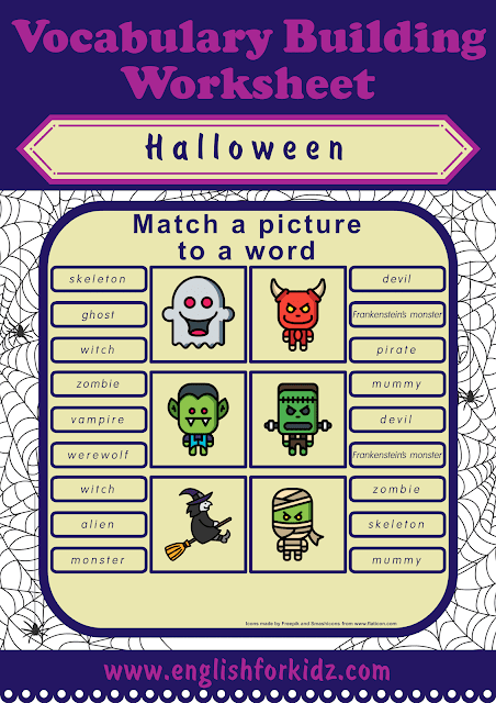 Halloween worksheets - picture to word matching