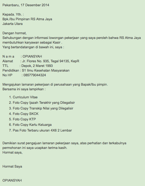 Contoh Surat Lamaran Kerja Kasir Di Rumah Sakit