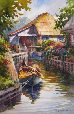 Watercolor painting of Giethoorn Holland canal